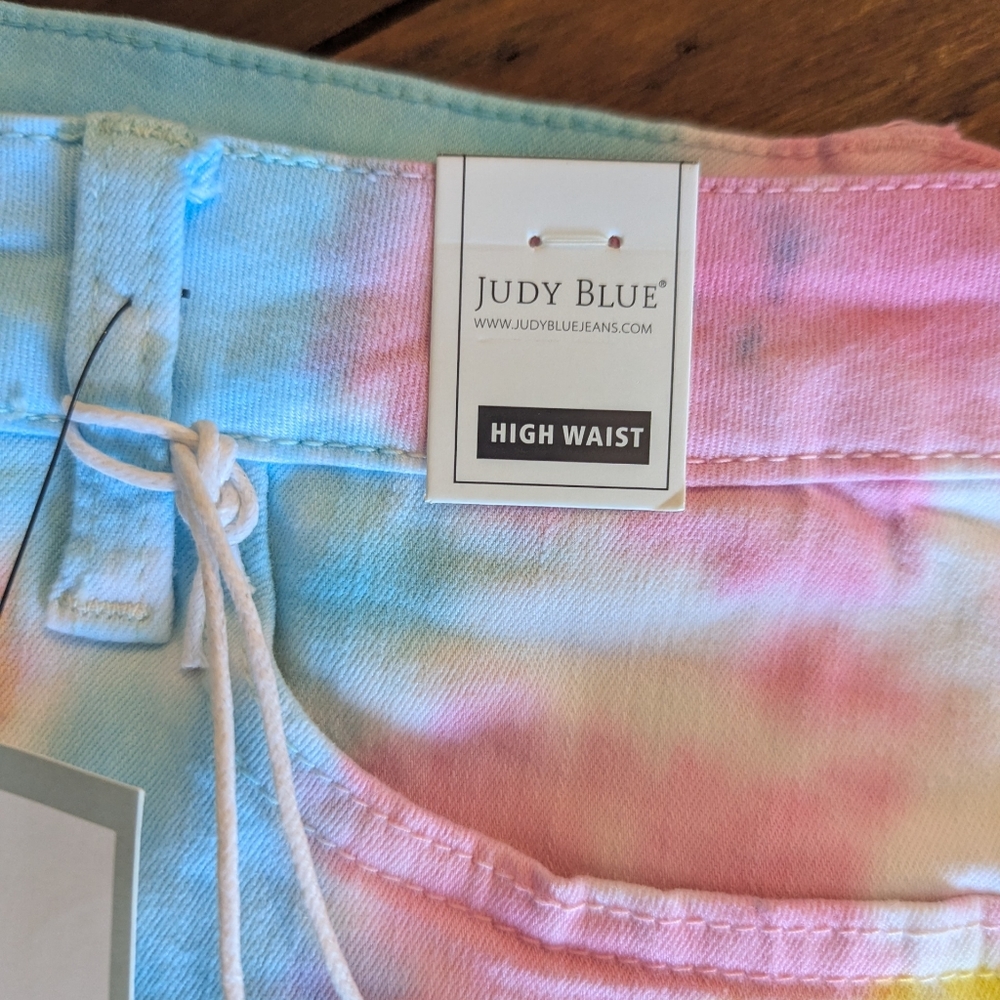 Judy Blue shorts womens large tie dye denim‎ raw hem cutoff high waist stretch - Picture 5 of 10